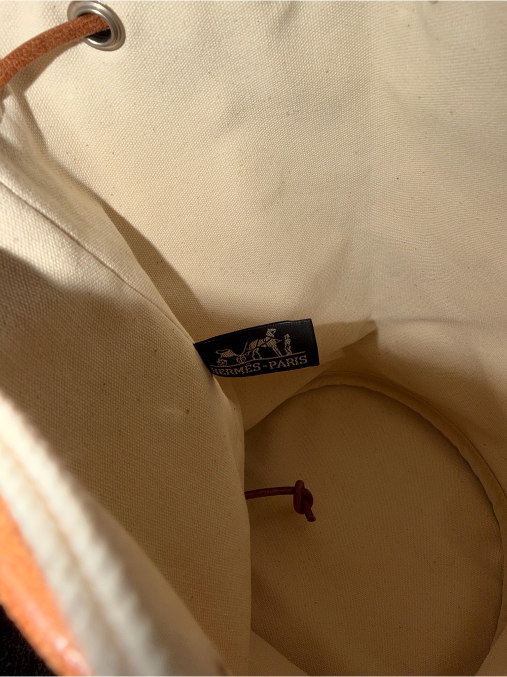Hermes Cream Canvas Bucket Bag w/ Brown Leather Drawstring - Authentic Pre-Loved - Picture 7 of 11